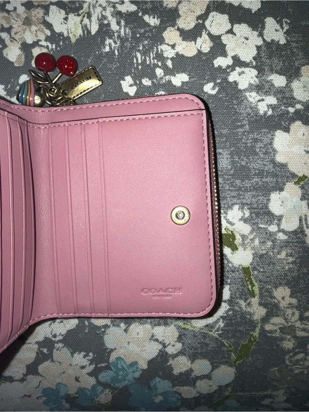 Coach Pink Zip Card Wallet with Cherry and Heart Charms